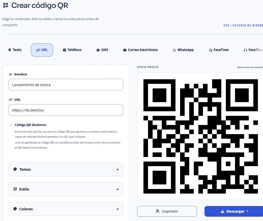 Editor de QR de VTX con la configuración de URL y la vista previa del código