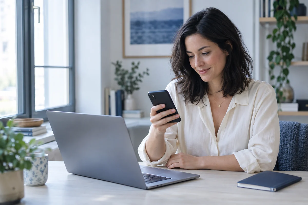 A creator reviewing her phone at a desk beside an open laptop.