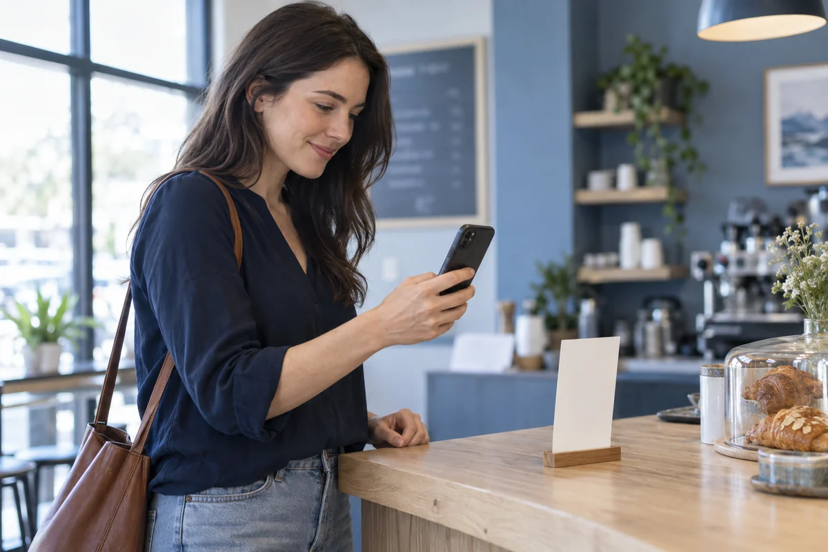 Mujer usando su celular en el mostrador de una cafetería junto a una tarjeta de mesa
