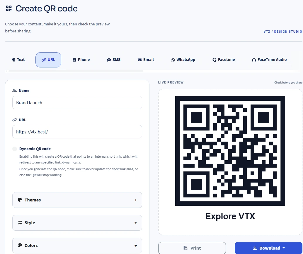 VTX QR editor showing URL settings beside a live QR preview