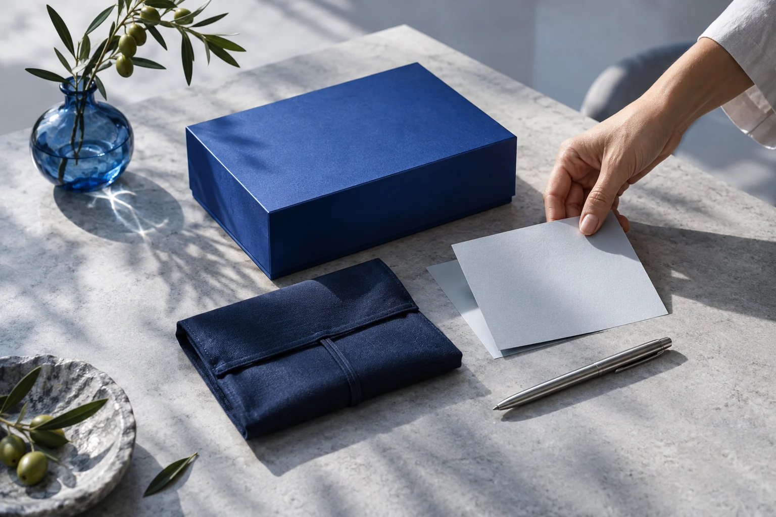 Composición ilustrativa de una colección: una caja azul, tela y tarjetas impresas que se acomodan a mano.
